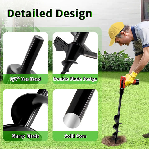 Heavy Duty Garden Auger Drill Bit Shredding Rocky Clay Dirt Like Hot Butter, 3/8" hex head and sharp blade design for efficient digging.