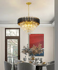 Dining room with elegant chandelier, gold finish, teardrop crystals, 5-light LED for kitchen island, foyer, hallway, or bedroom.