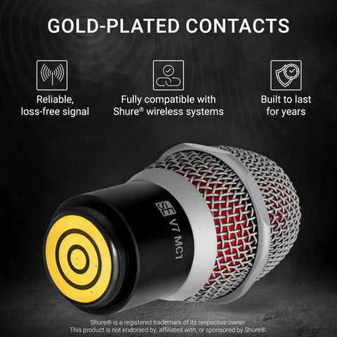 V7 MC1 Wireless Microphone Capsule For Shure Transmitters with gold-plated contacts and black steel grille, side view