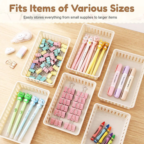 Slick And Solid Plastic Storage Baskets For Classroom Organizing And Teacher Desk Organization Premium Beige Containers filled with supplies.