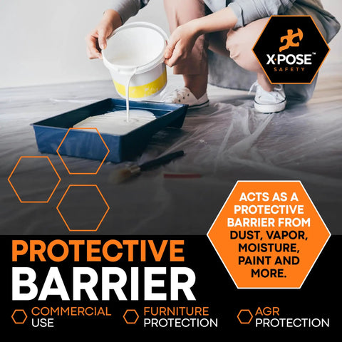 Person pouring paint on floor covered with Heavy Duty Clear Plastic Sheeting Roll 10 Foot By 100 Foot 4 Mil Poly Sheet Waterproof Dustproof Vapor Barrier