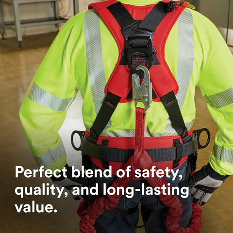 Back view of a worker wearing a Stretch Shock Absorbing Lanyard For Work Sites 6 Ft Double Leg Elastic Safety Lanyard in red.
