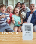 Portable Radon Detector And Home Radon Monitor Long And Short Term Radon Test Kit displayed with excited family in background.