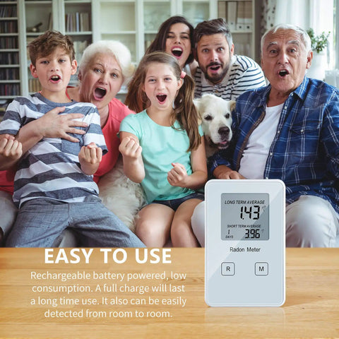 Portable Radon Detector And Home Radon Monitor Long And Short Term Radon Test Kit displayed with excited family in background.