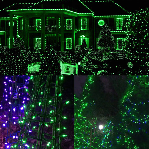 Incandescent 150 Count Christmas String Lights On Green Wire 120V UL Certified Fairy Lights illuminating house and trees