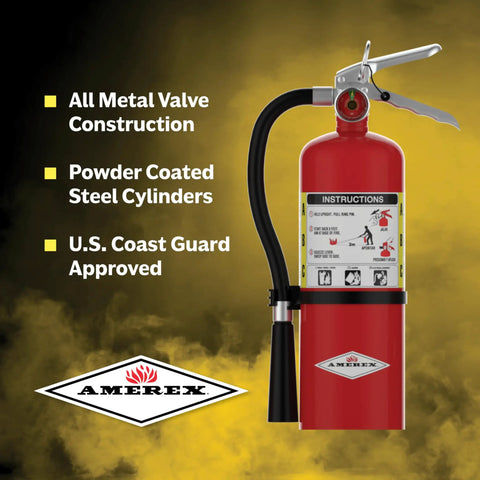 Rock Solid Five Pound Abc Dry Chemical Fire Extinguisher Set Of Five Heavy Duty 2A10BC Rated showing metal valve construction and instructions.