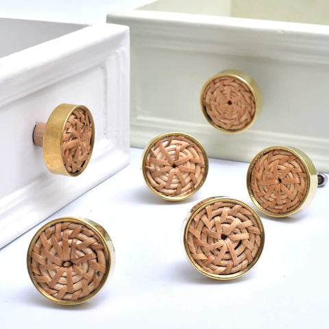 Top Shelf Brass Rattan Cabinet Knobs 6 Piece Set Natural Drawer Pulls For Kitchen Cabinets And Bedroom Dressers Rustproof Heavy Duty Furniture Hardware Built Tough To Last with woven rattan design.