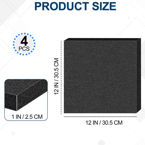Rock Solid High Density Polyurethane Foam Sheets 12X12X1 Inch Hella Durable Next Level Packing Inserts For Toolboxes Camera Gear Jewelry Boxes Diy Crafts Black 4 Pack, showing size dimensions.