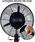 Heavy Duty Industrial Misting Fan With Fine Water Spray Delivers Straight Up Powerful Cooling For Outdoor Gyms And Greenhouses, featuring security net cover.