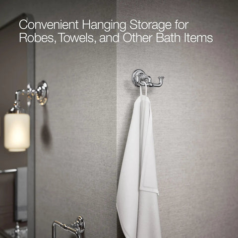 Artifacts Double Robe Hook Polished Chrome Heavy Duty Metal Bathroom Hardware With Extra Storage on wall with towel