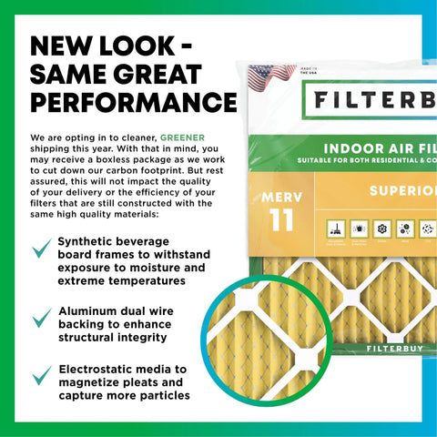 New look MERV 11 pleated air filter packaging highlighting features for allergies, pets, and home HVAC use, 16x25x2 size shown