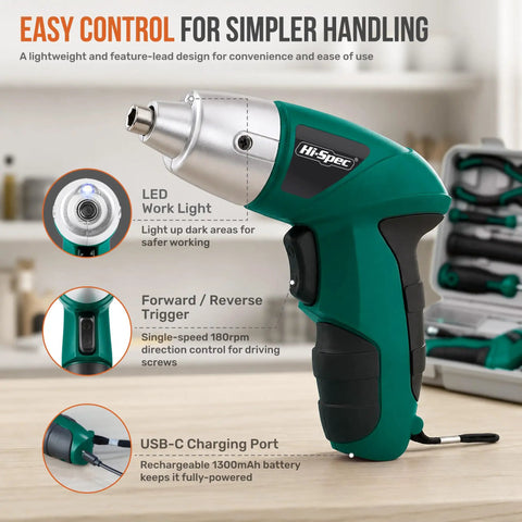 Close-up of 4V Cordless Electric Screwdriver Kit with USB rechargeable battery, highlighting LED light, green handle, in workshop.