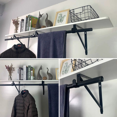 Rock Solid Heavy Duty Metal Closet Rod And Shelf Support Brackets For Clothes Hanger Poles Black Wall Mount Storage Kit 3 Pack displayed with coat, shelf, and decor.