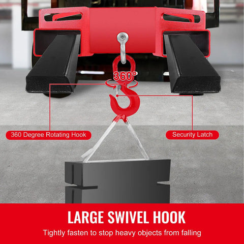 Heavy Duty Forklift Lifting Hook Swivel Attachment For Three Ton Capacity, 360-degree hook with safety latch for secure lifting.