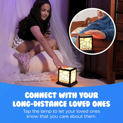 Girl using Shorty Classic Long Distance Touch Lamp For Real Time Messages, Glow With A Tap, WiFi Enabled Color Programmable Lamp For Loved Ones