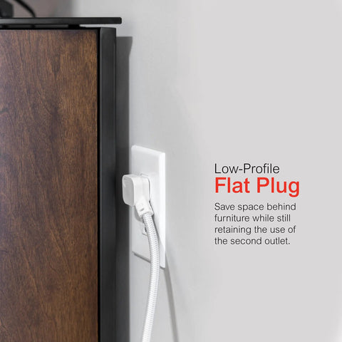 Three Outlet Power Strip With Eight Foot Braided Extension Cord Grounded Surge Protector Flat Plug in wall outlet behind furniture