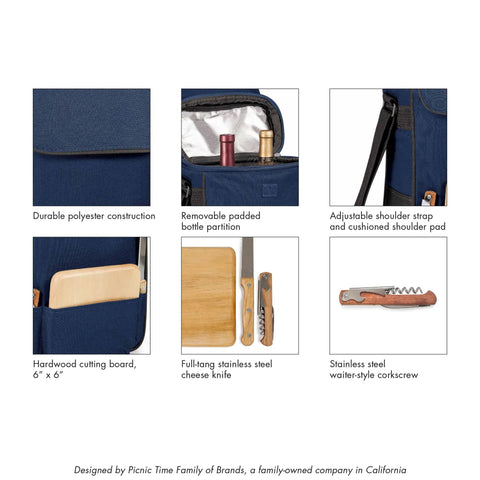 Ultimate Date Night Duo Grab And Go Wine Tote With Cheese Board Two Bottle Insulated Cooler Bag Set components including cutting board and corkscrew.