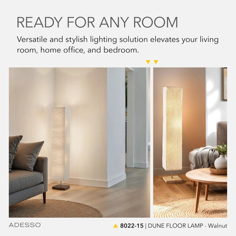 Three Light Floor Lamp With Natural Wood Base And Dimmable Brightness, Satin Steel Accents, Crinkle Paper Shade in a Living Room