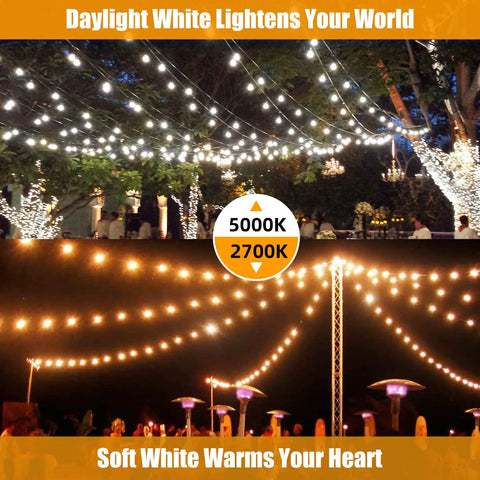 Go To Outdoor String Lights 96 Feet Total, Two 48 Feet Strands illuminating a deck and outdoor venue at night