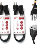 2-Pack 3ft Black Extension Cords 16 3 SJTW Heavy Duty Power Cable UL Listed Weather Resistant For Indoor Outdoor Use 13 Amp 1625 Watt Capacity 3 Prong Single Outlet, packaged