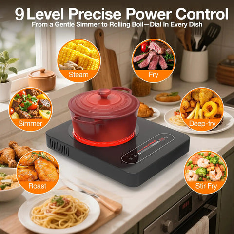 1800W Portable Electric Cooktop With Timer And Child Lock, 11 Inch Single Burner in kitchen with cooking options