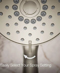 Close-up of Forte Multifunction Hand Shower Head With 3 Spray Modes in brushed nickel, showing spray setting dial.