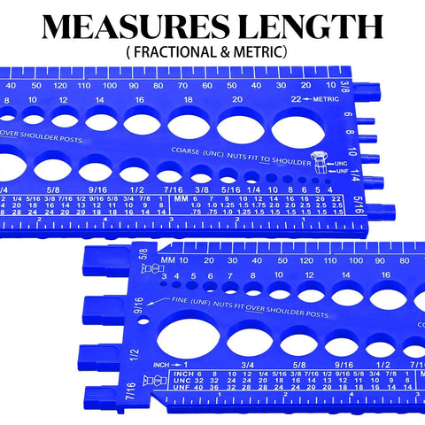 Two Piece Nut Bolt Thread Gauge Set With Metric And SAE Identifier, Plastic Bolt Sizing Tool, Inch And Centimeter Ruler, Durable Blue
