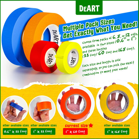 Blue Painter Tape Pro Grade Masking Tape For Arts N Crafts 6 Pack 20 Yard Rolls 0.98 Inch Sharp Edge Line Technology Multi Surface Use Whiteboard Dry Erase Craft Tape Writable, orange roll set