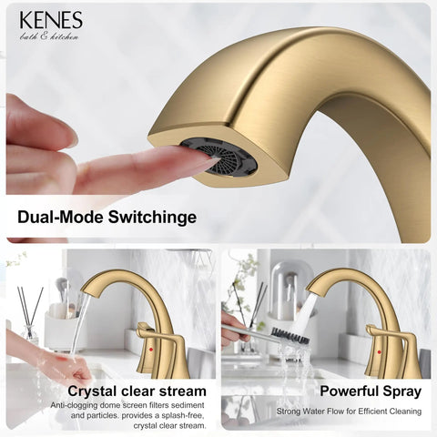 Top Notch Champagne Bronze Widespread Bathroom Faucet Three Hole Sink Tap With Dual Flow Spray Valve showcasing dual-mode switching feature.
