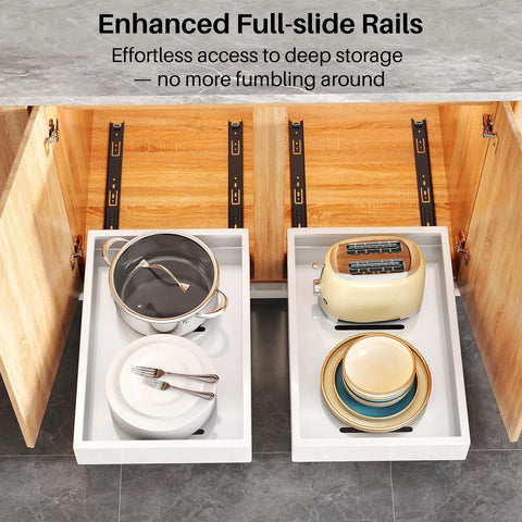 Legit Heavy Duty Pull Out Cabinet Organizers, showcasing cookware and dishes in a frameless cabinet with full extension slides.
