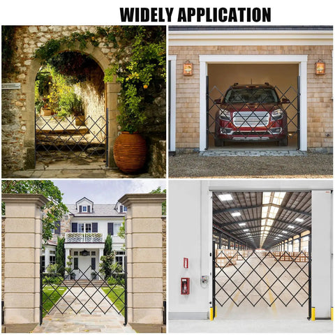 Rock Solid Steel Accordion Security Gate 61 By 71 Inch Expandable Barriers in various outdoor and garage applications.