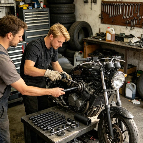 Heavy Duty Bearing Puller Set For Auto And Moto Repairs No Sweat Compact Internal Extractor Grabs Tight So You Skip Disassembly Save Time With Deep Reach Design That Yanks Inner Rings Smooth For Your Next Vehicle Project. Two mechanics use a steel bearing puller on a motorcycle engine