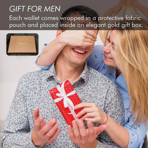 Couple with gift box for Trifold Leather Wallet For Men RFID Blocking With 12 Card Slots, American Flag Design, Dark Brown, Durable Western Stitching, Gift For Him, Classic Everyday Carry, Mens Wallet