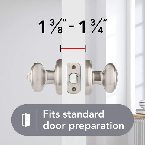 Interior Privacy Door Knob Lock For Bedroom Or Bathroom With Microban Protection Keyless Inside Lock Satin Nickel Finish No Fuss Easy DIY Install On Standard Doors Privacy You Can Trust And Quiet Operation fitted on door with measurement