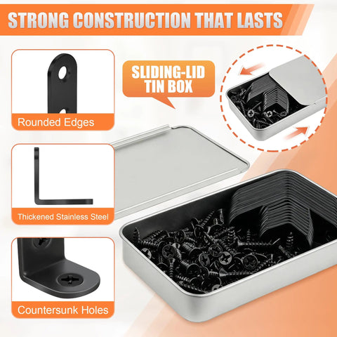 Heavy Duty L Brackets Corner Braces Kit, 20 Piece Stainless Steel Angle Supports in sliding-tin box with screws.