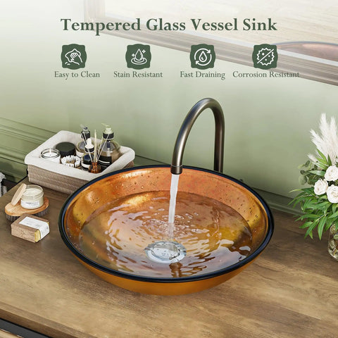 Tempered Glass Vessel Sink with rustic finish in 30 Inch Farmhouse Bathroom Vanity With Rustic Brown Wood Cabinet And Tempered Glass Vessel Sink Zero Stress Cleaning Rock Solid Frame Smooth Operator Design For Cozy Home Refresh.