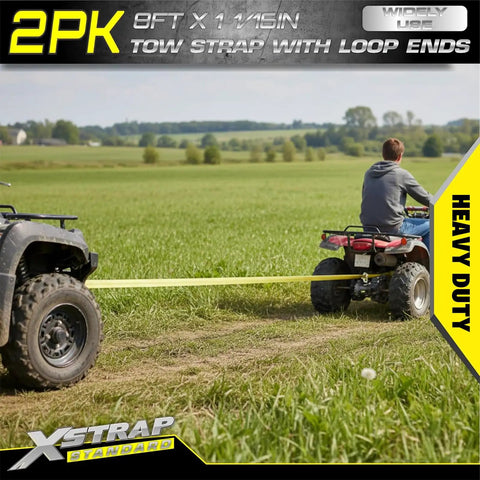 Two Pack Three Quarter Inch By Eight Foot Web Tow Straps Loop End Design used for ATV towing in field.