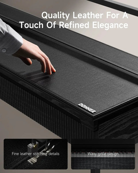 Close-up of leather cover on piano with a hand, highlighting stitching and grille design for OURA S300 88 Key Weighted Digital Piano.