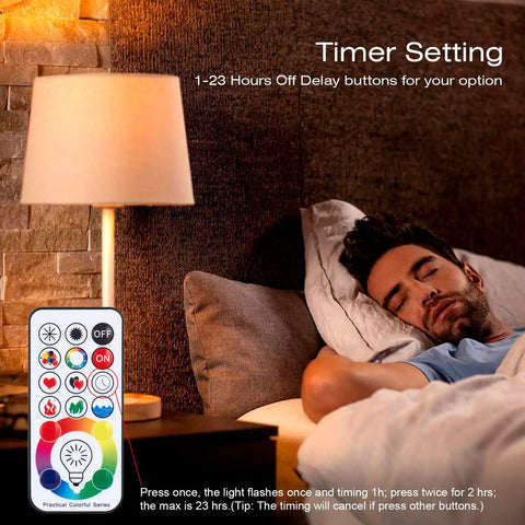 Ultra Straight Fire RGBW LED Bulb, E26 Dimmable Screw Base, Wireless Remote With Digital Timer, 120 Shades For Chill Home Ambient Or Epic Weekend Party Glow near a sleeping person