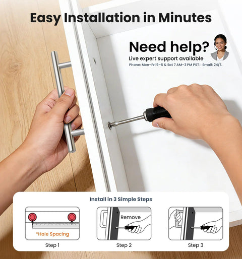 Installing 30 Pack Brushed Nickel Cabinet Handles 5 Inch Length Stainless Steel Drawer Pulls on white kitchen drawer