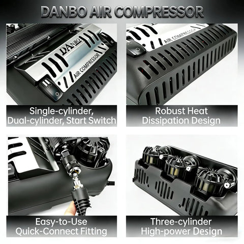Danboniu 12V Portable Air Compressor With Three Cylinder Motor, High Power DC Pump For Fast Tire Inflation, showcasing robust design and quick-connect fitting.