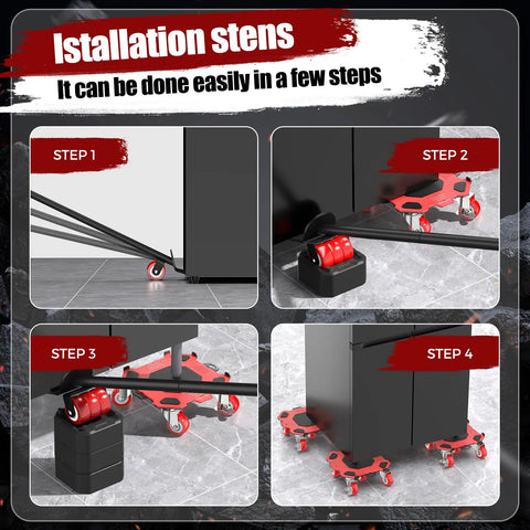 Four-step guide image showing installation steps for Loyal Tiger 2000 Lbs Furniture Dolly Set with 6 Inch Wheels.