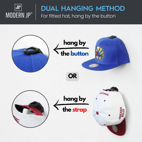 Killer 16 Pack Adhesive Hat Hooks For Wall Setup With Zero Hassle And Savage Strong Hold Perfect For Baseball Caps And Fitted Hats showing dual hanging methods.