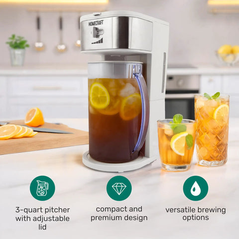 Generous 3 Quart White Stainless Steel Iced Tea And Cold Brew Coffee Brewing Pitcher With Adjustable Strength Dial and Removable Infuser Chamber on kitchen counter.
