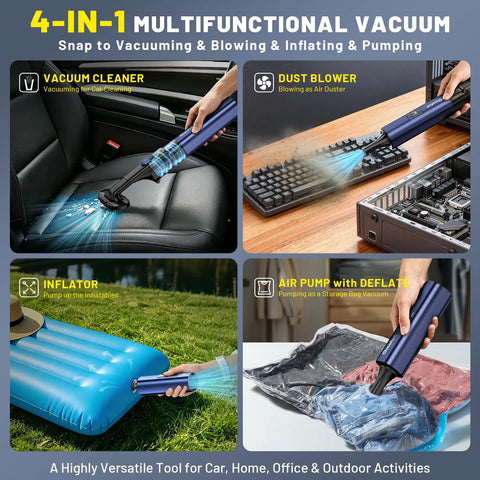 4 In 1 Cordless Car Vacuum, Portable Handheld Vacuum Cleaner And Air Duster With Multi Nozzles, 19500 Pa Suction, 140W Rechargeable Power, demonstrated in various uses like car seat vacuuming, keyboard dusting, inflating an air mattress, and sealing a storage bag.