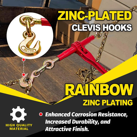 Heavy Duty Ratchet Chain Binder Three Eighths To One Half Inch With Clevis Hooks, 9,200 Lbs Working Load, Two Pack shown with zinc plating