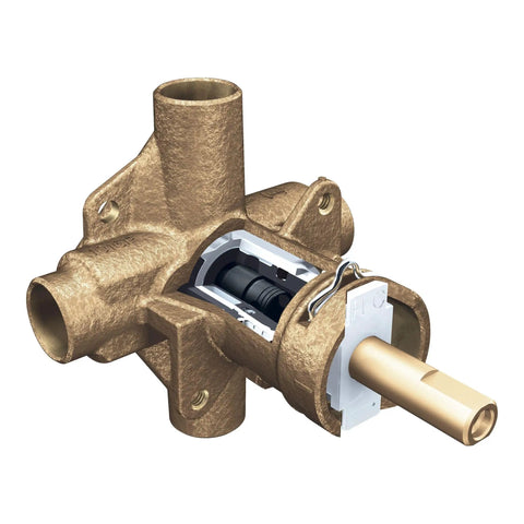 PosiTemp Rough In Pressure Balancing Shower Valve For Half Inch CC Connection Behind Wall Install A DIY Upgrade For Your Home Shower Experience Easy Install in brass with M-PACT compatibility.