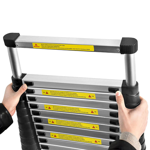 Hands operating 10.5 Ft Telescoping Aluminum Ladder With 330 Lb Capacity, Heavy Duty Extendable Step Ladder, Collapsible Locking Mechanism