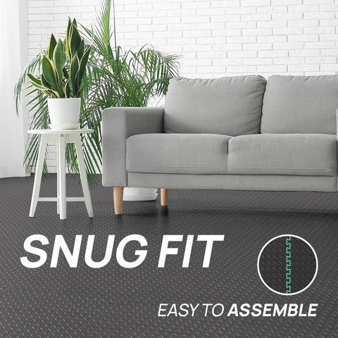 EVA Interlocking Floor Mats With Puzzle Tiles 12x12 Inch Foam Padding in living room with grey sofa and plant