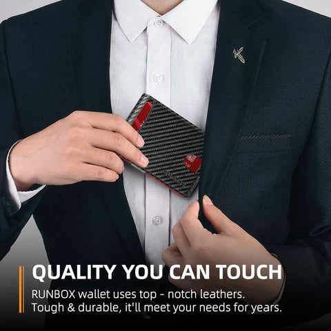 Person placing Slim Money Clip Wallet For Men RFID Blocking 11 Card Pockets Minimalist Leather Bifold Front Pocket With ID Window into suit pocket.
